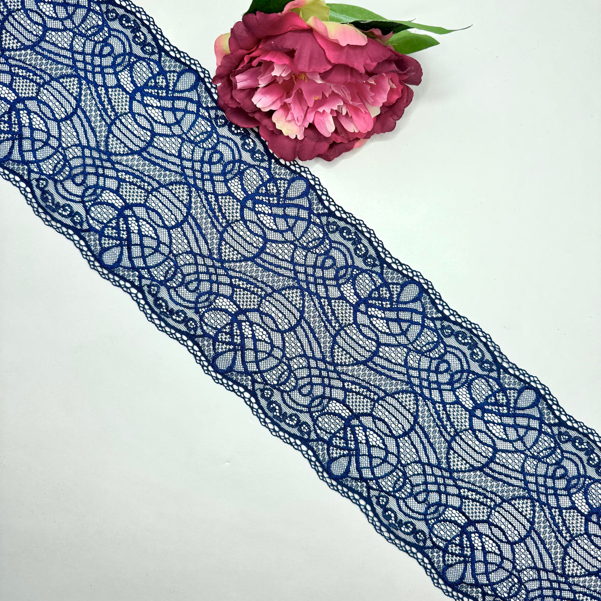 Elastische Spitze dunkelblau / Dark Blue – Spitzenband & Spitzenborte, 16 cm, Meterware