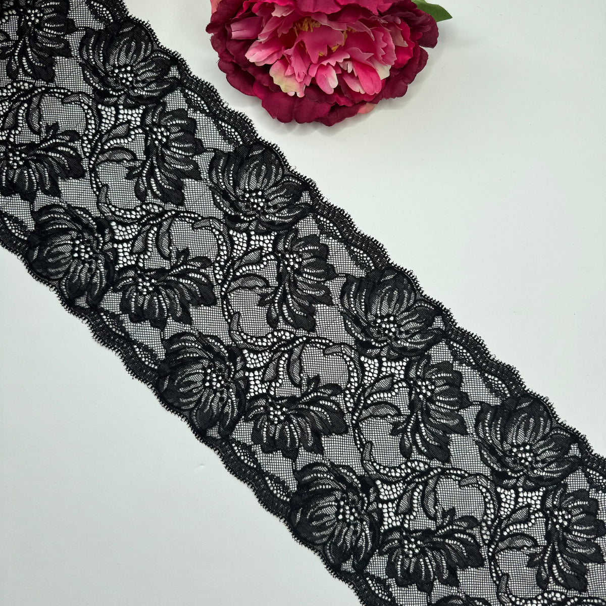 Elastische Spitze schwarz – Spitzenband & Spitzenborte, 17 cm, Meterware