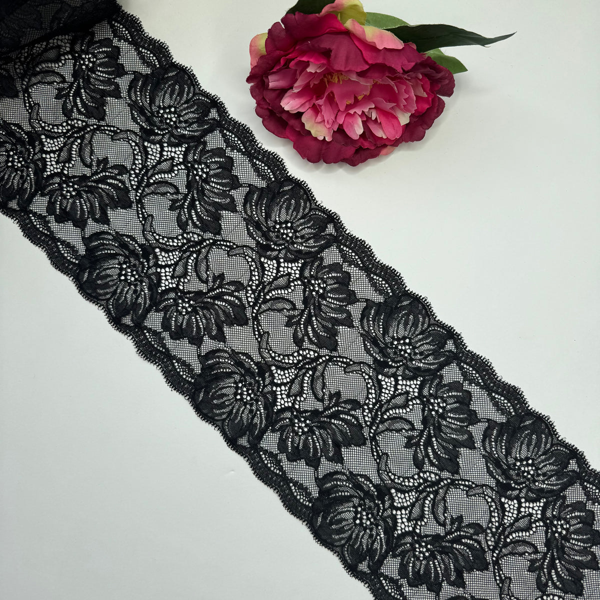 Elastische Spitze schwarz – Spitzenband & Spitzenborte, 17 cm, Meterware
