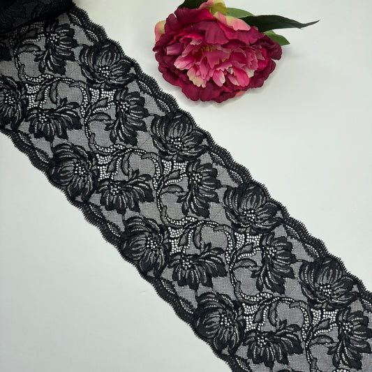 Elastische Spitze schwarz – Spitzenband & Spitzenborte, 17 cm, Meterware