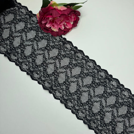 Elastische Spitze schwarz – Spitzenband & Spitzenborte, 17 cm, Meterware
