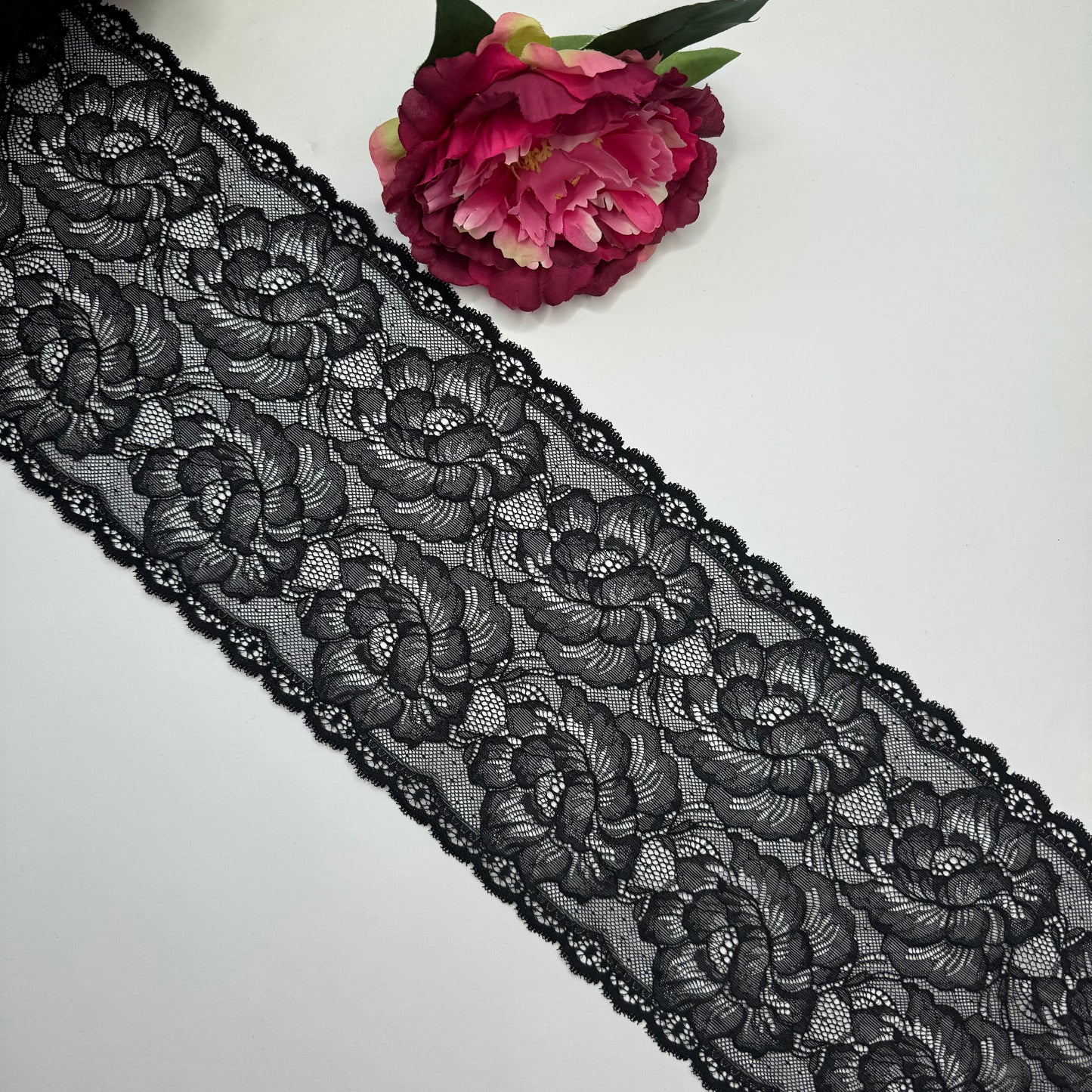 Elastische Spitze schwarz – Spitzenband & Spitzenborte, 17 cm, Meterware