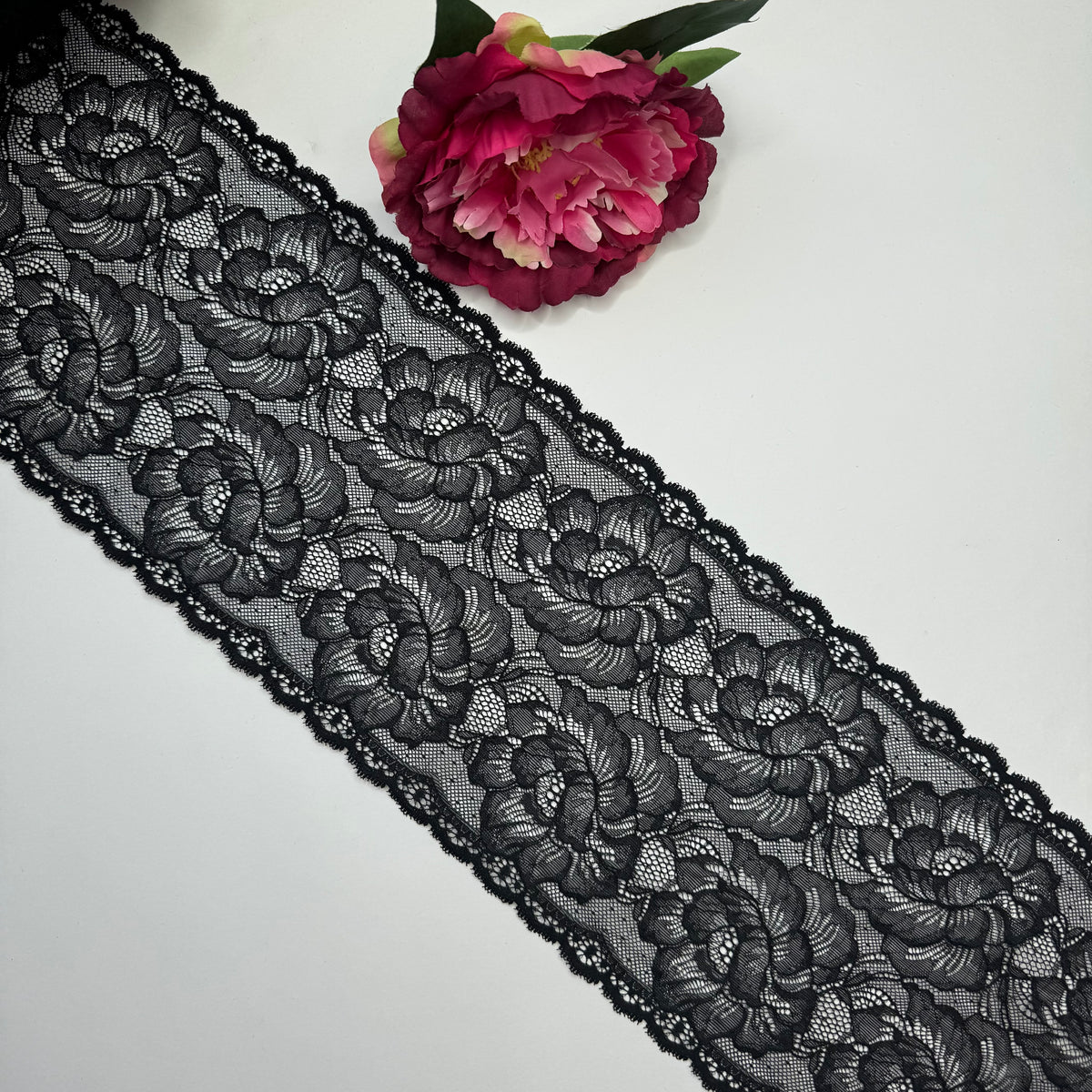 Elastische Spitze schwarz – Spitzenband & Spitzenborte, 17 cm, Meterware
