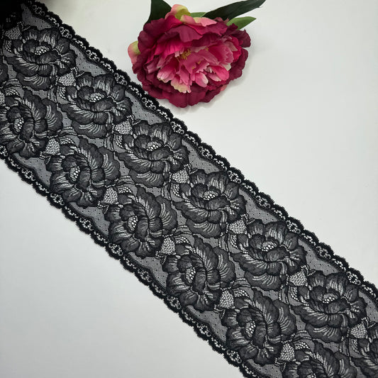 Elastische Spitze schwarz – Spitzenband & Spitzenborte, 17 cm, Meterware