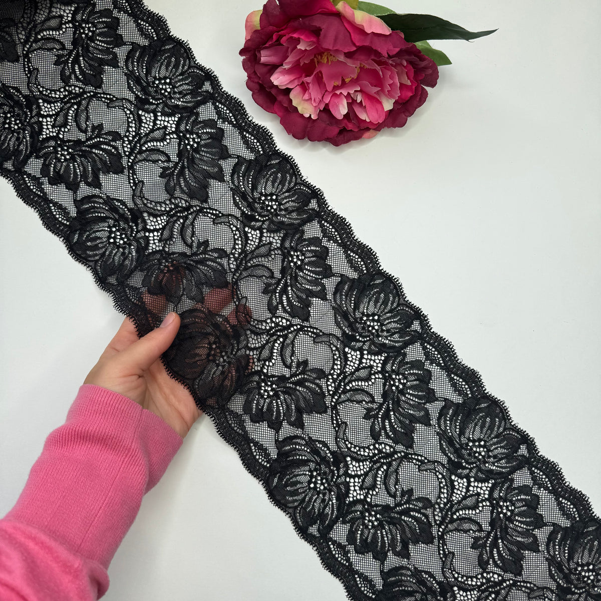 Elastische Spitze schwarz – Spitzenband & Spitzenborte, 17 cm, Meterware