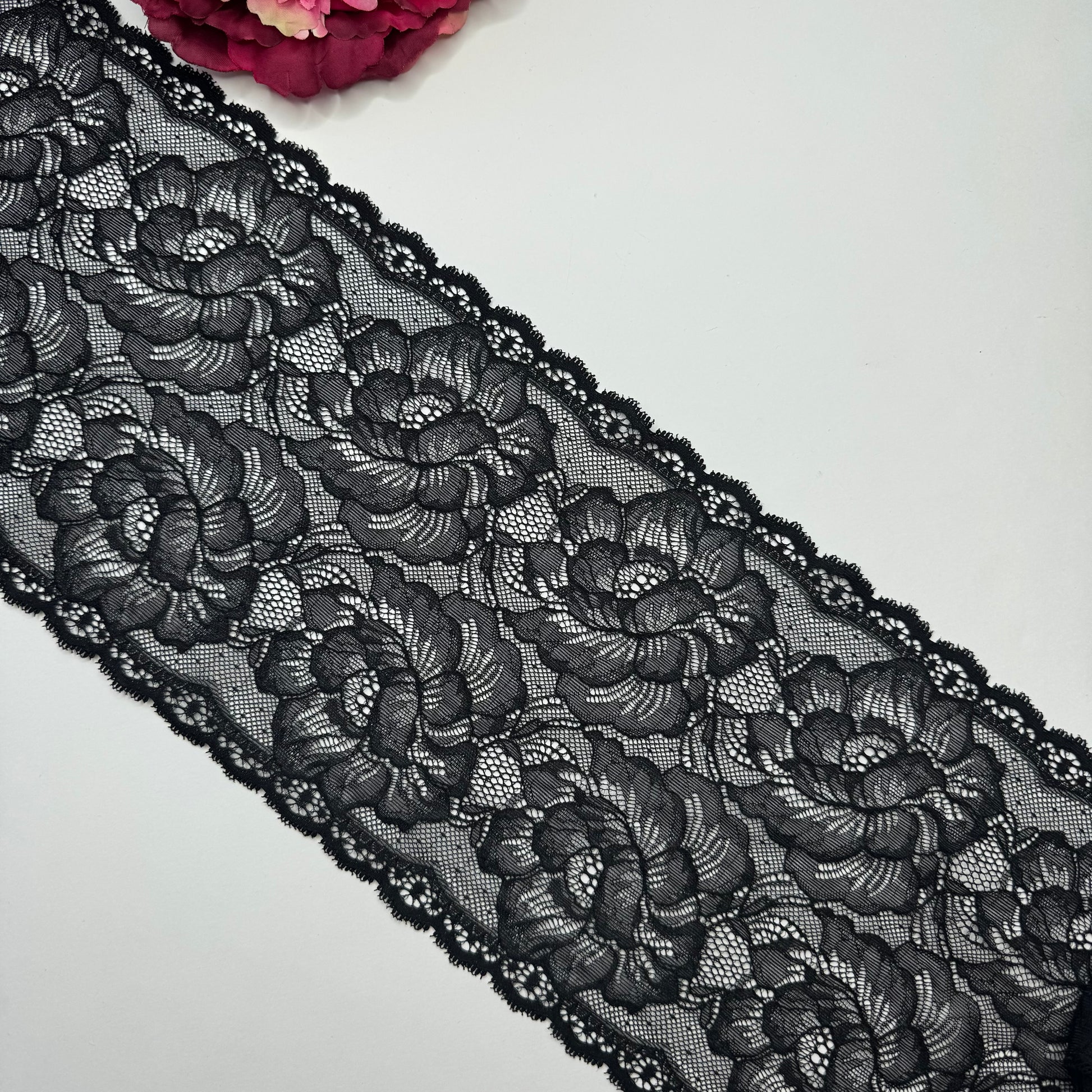 Elastische Spitze schwarz – Spitzenband & Spitzenborte, 17 cm, Meterware