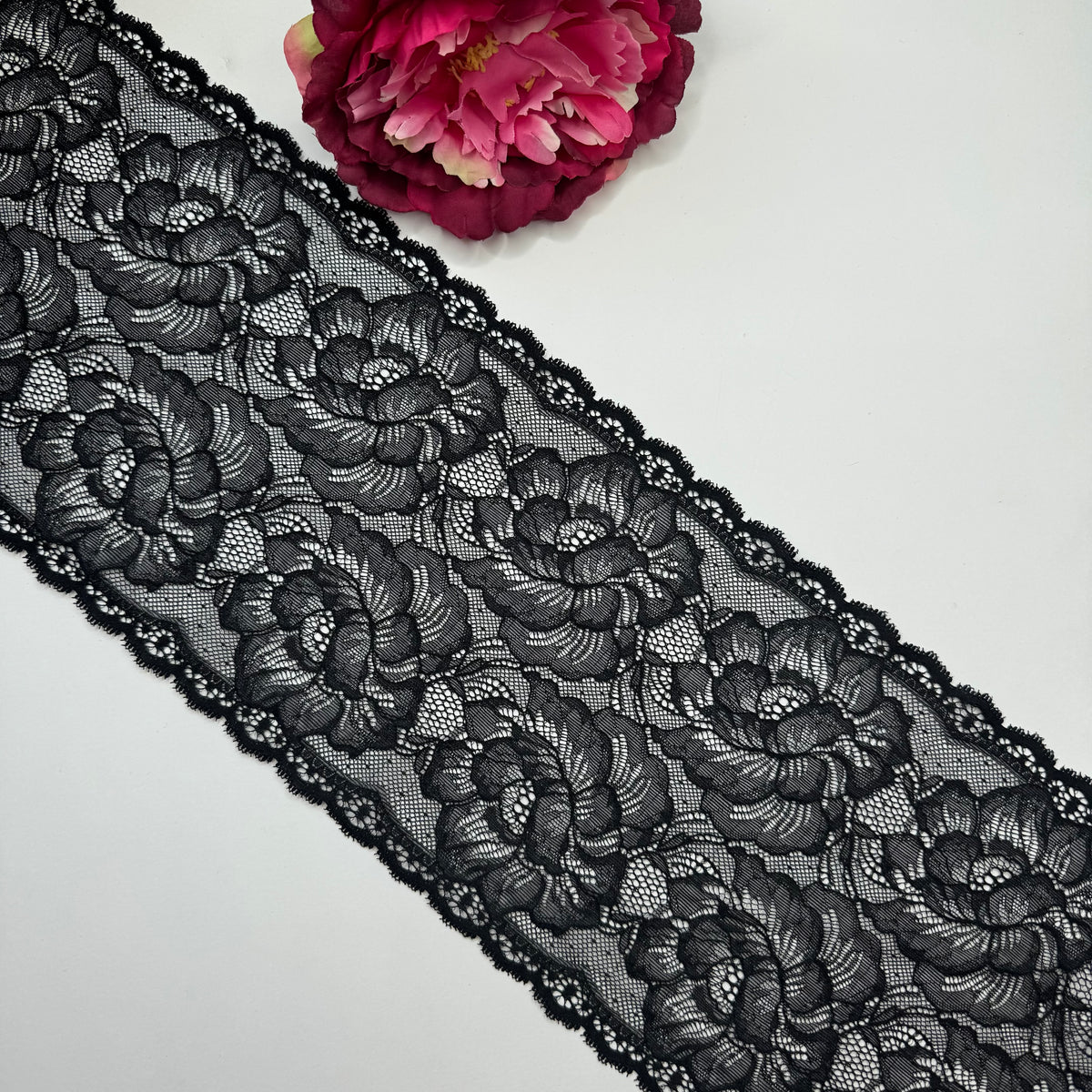 Elastische Spitze schwarz – Spitzenband & Spitzenborte, 17 cm, Meterware