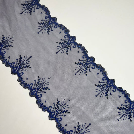 Elastische Stickereispitze dunkelblau mit Lurexfaden, 18 cm, per Meter