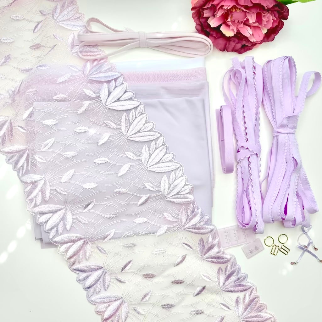 Set da cucito per lingerie reggiseno & slip | Lilla | pizzo, microfibra, Powernet | Kit S-M & L-XL