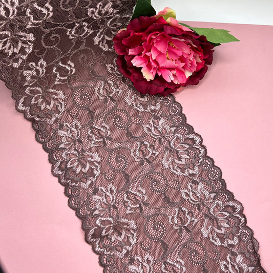 Breite elastische Spitze/ Spitzenband, Spitzenborte in Kaffee-puderrosa, Preis per 1/2 Meter. Meterware IDsx4