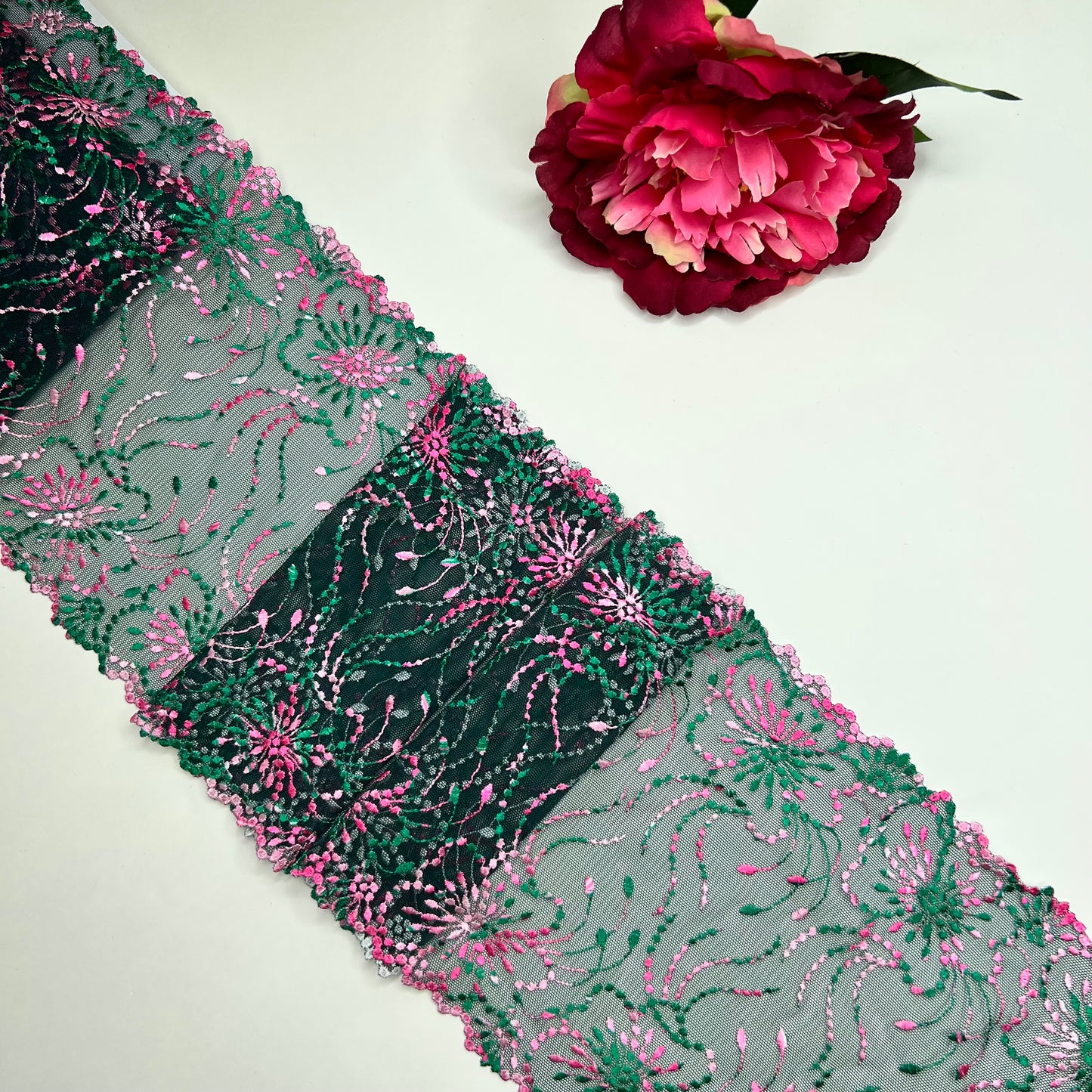 elastic embroidered lace in pine green and pink, price per 1/2 meter IDsx4