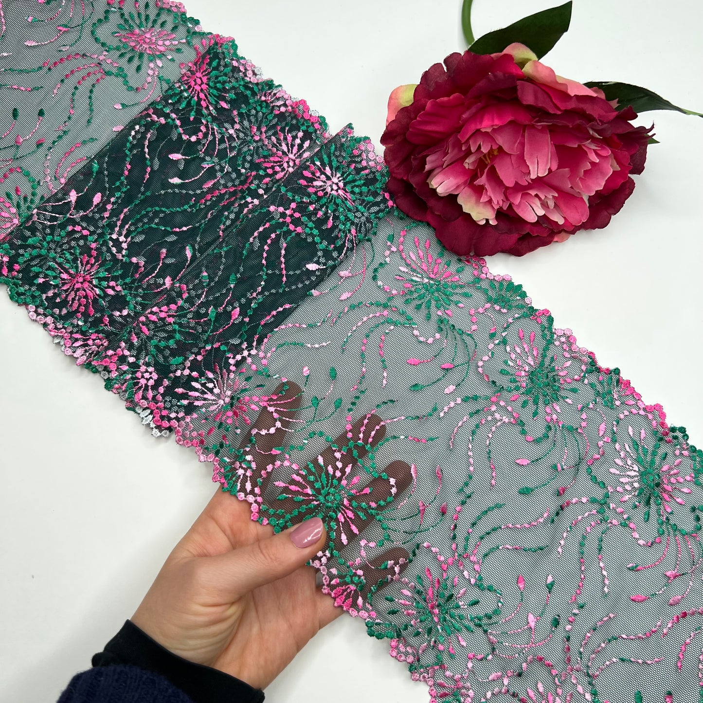 elastic embroidered lace in pine green and pink, price per 1/2 meter IDsx4