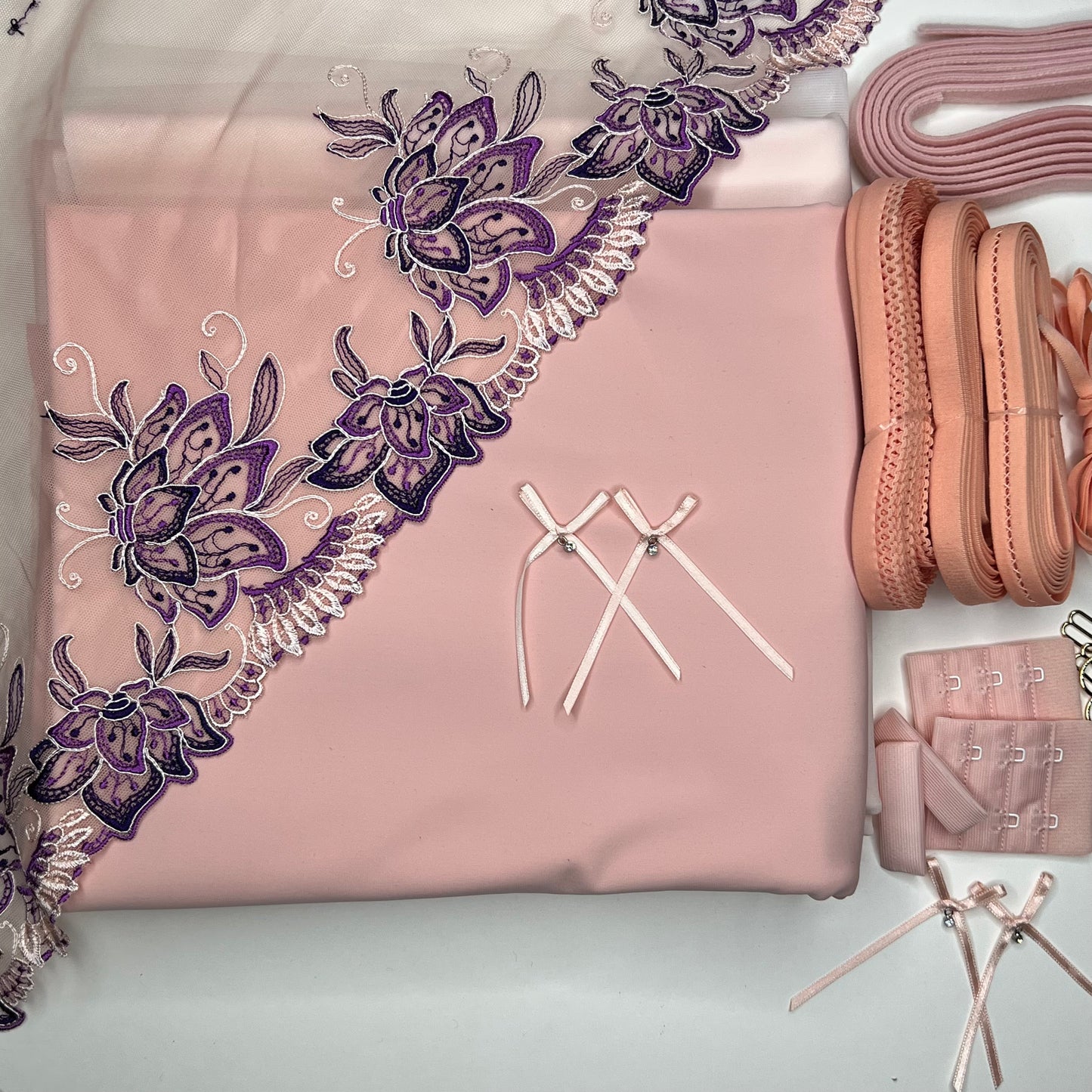 February Special. Large sewing kit for 2 bras and panties or sewing package with elastic lace, microfiber, and powernet knit in peach duo. IDnsx1