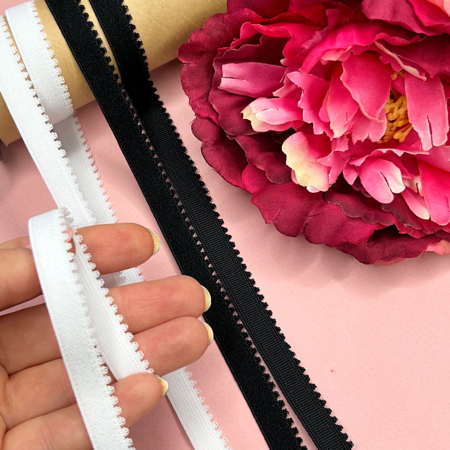 10 mm wide underbust elastic with picot edge in black and white IDelx19