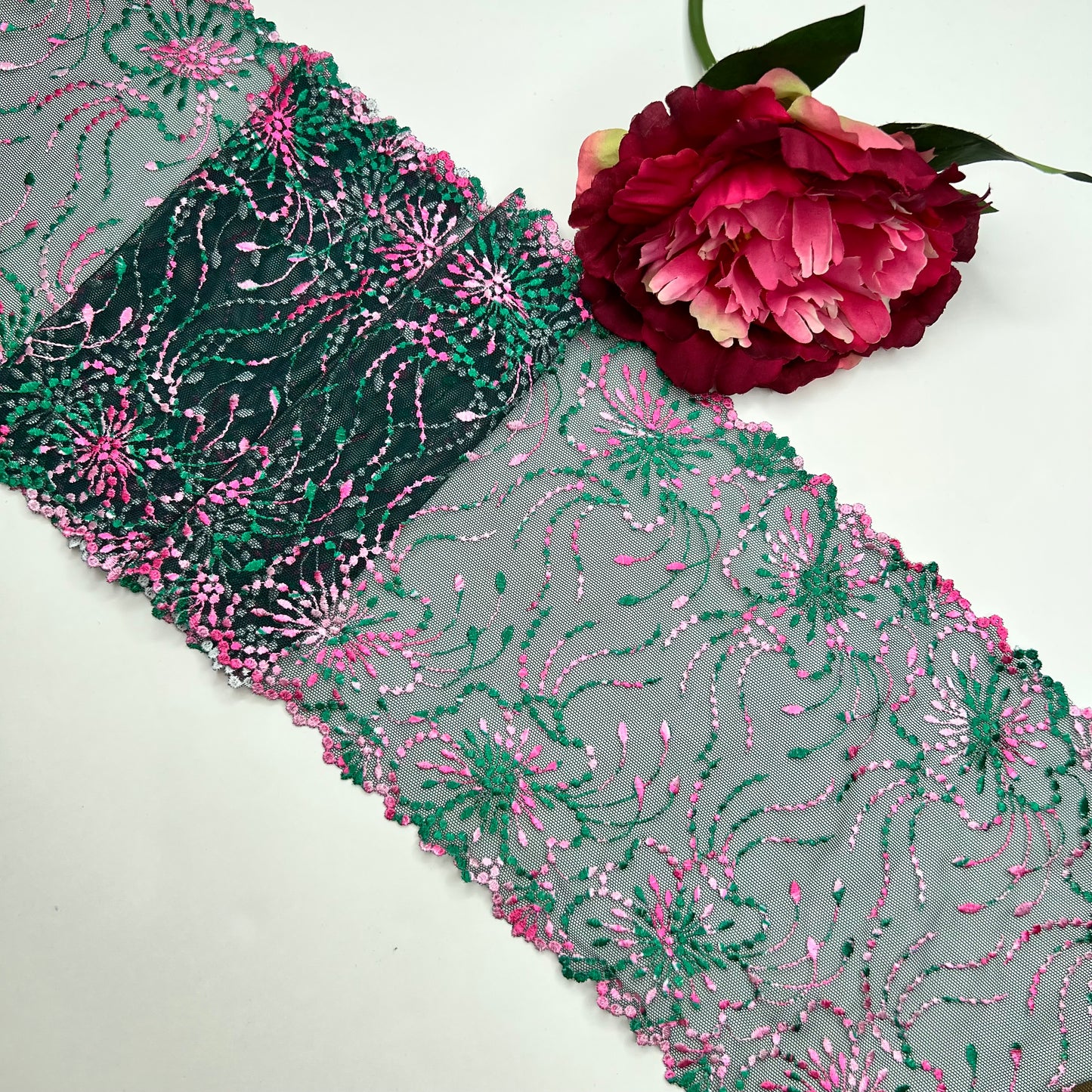 elastic embroidered lace in pine green and pink, price per 1/2 meter IDsx4