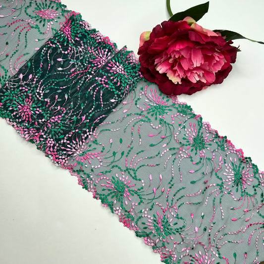 elastic embroidered lace in pine green and pink, price per 1/2 meter IDsx4