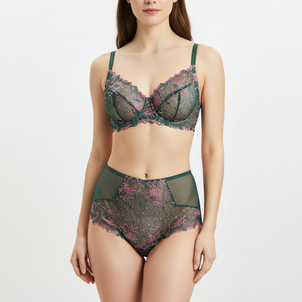 elastic embroidered lace in pine green and pink, price per 1/2 meter IDsx4