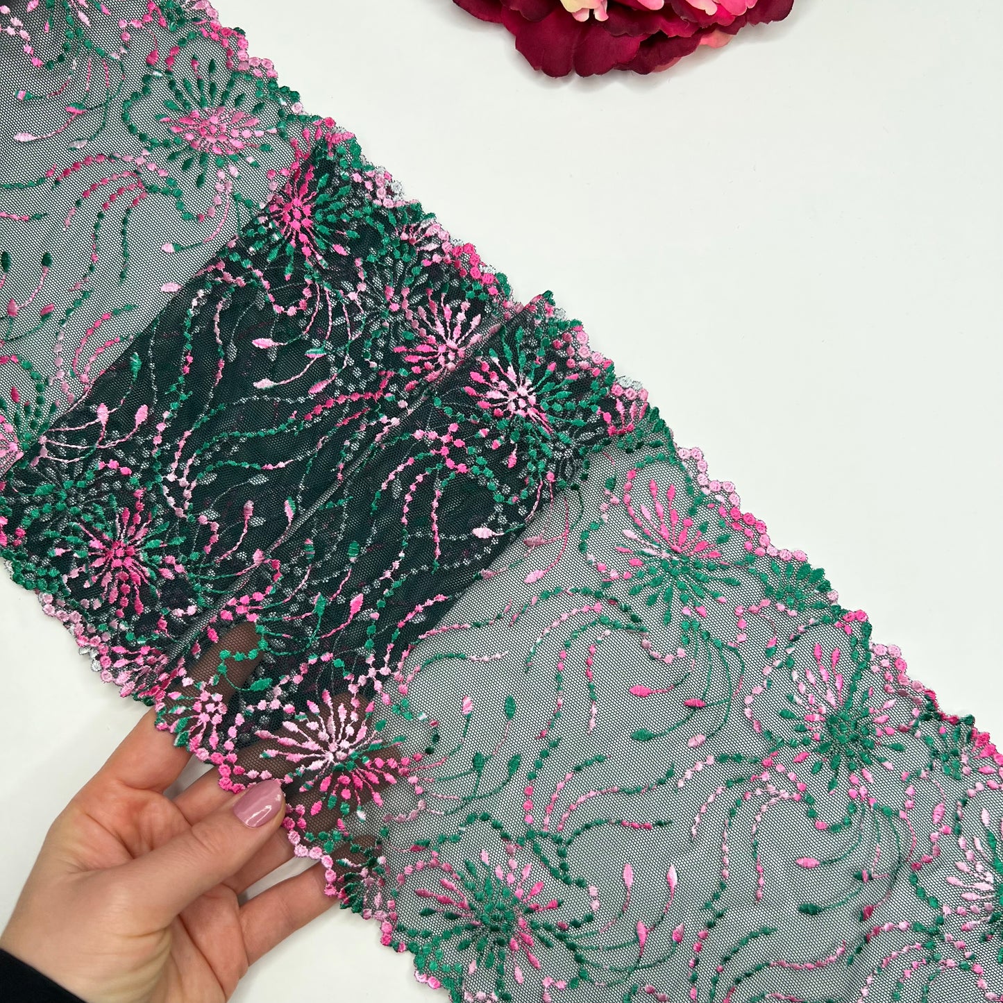 elastic embroidered lace in pine green and pink, price per 1/2 meter IDsx4