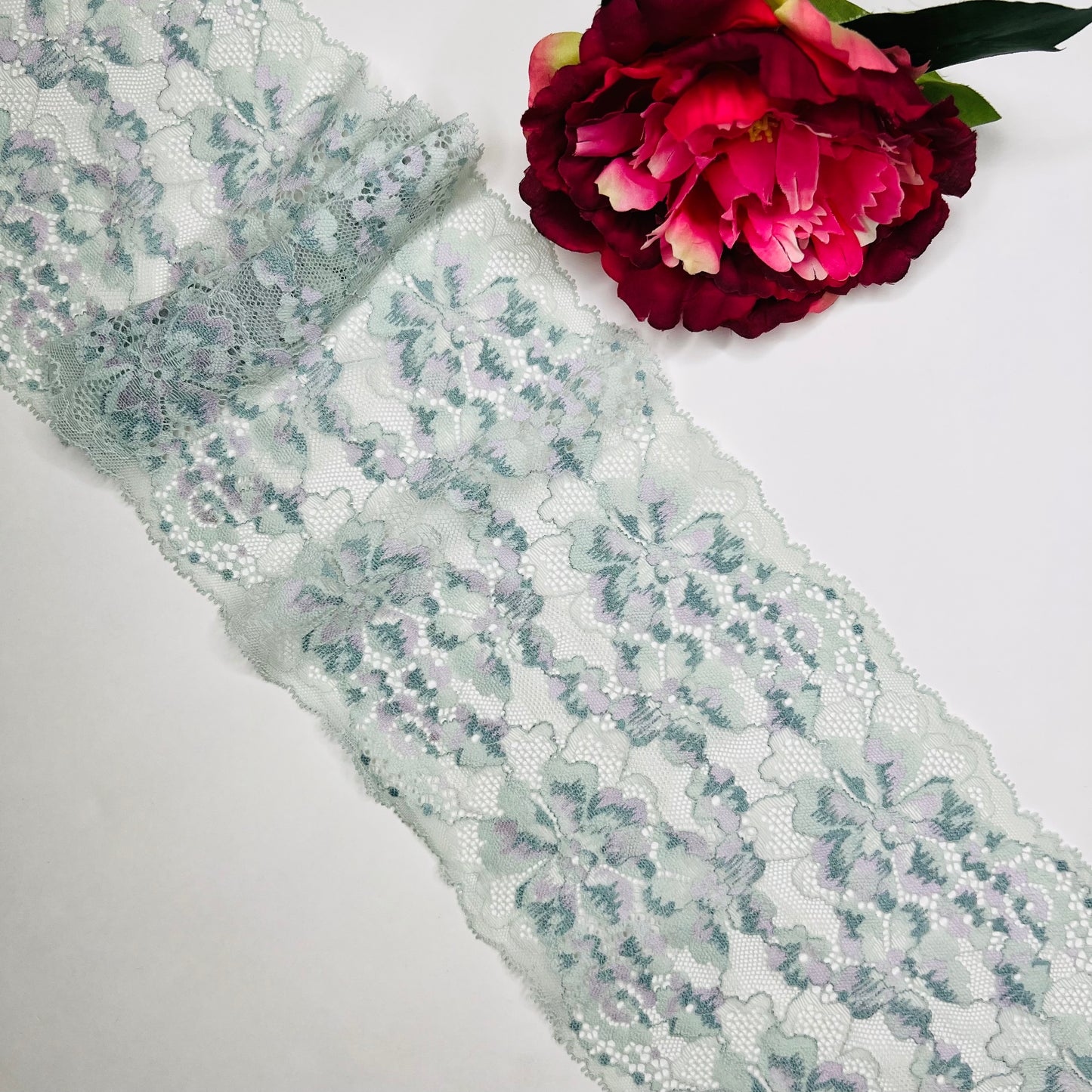 Encaje/ cinta de encaje elástica, encaje bordado en menta, verde salvia, precio por 1/2 metro. Tela por metro IDsx4