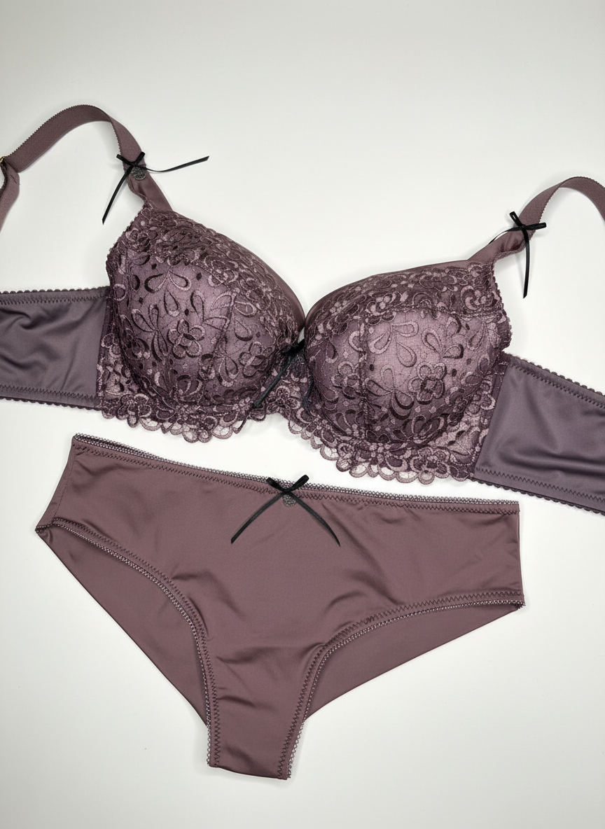 Nähset für BH und Höschen bzw. Nähpaket mit Spitzen, Mikrofaser und Powernet-Knit in Taupe. IDnsx1