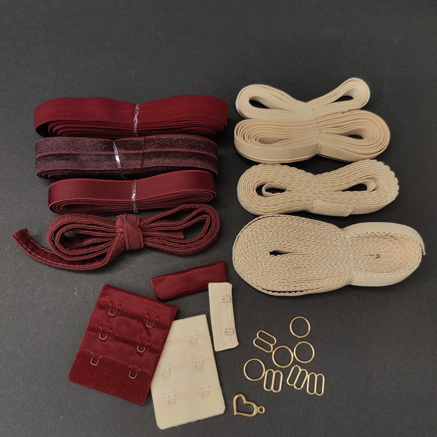 Large sewing set for bra and panties or sewing package with <tc>lace</tc>, microfiber, Powernet in bordeaux on gold IDnsx1