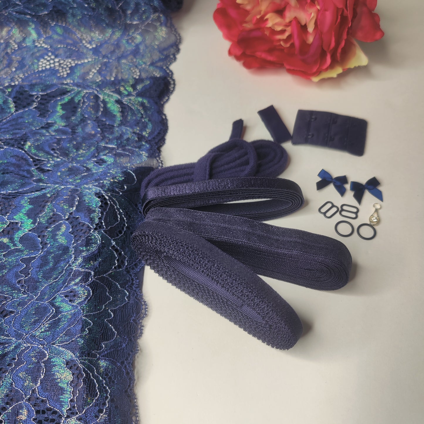 Conjunto de costura diy sujetador + bragas / paquete de costura creativo con <tc>Encaje</tc> y microfibra, azul medianoche. Costurero lencero con encaje elástico IDnsx1