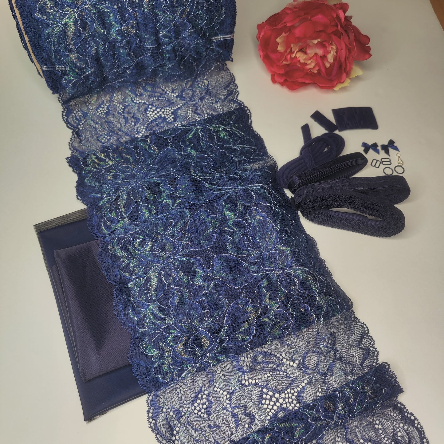 Conjunto de costura diy sujetador + bragas / paquete de costura creativo con <tc>Encaje</tc> y microfibra, azul medianoche. Costurero lencero con encaje elástico IDnsx1