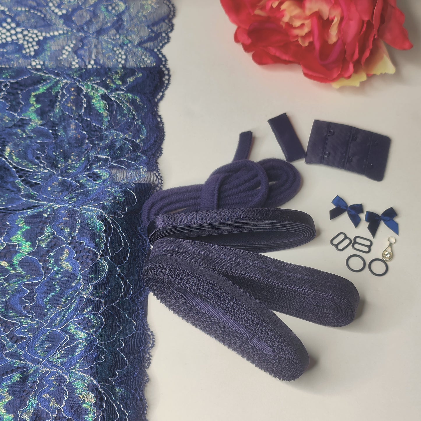 Conjunto de costura diy sujetador + bragas / paquete de costura creativo con <tc>Encaje</tc> y microfibra, azul medianoche. Costurero lencero con encaje elástico IDnsx1