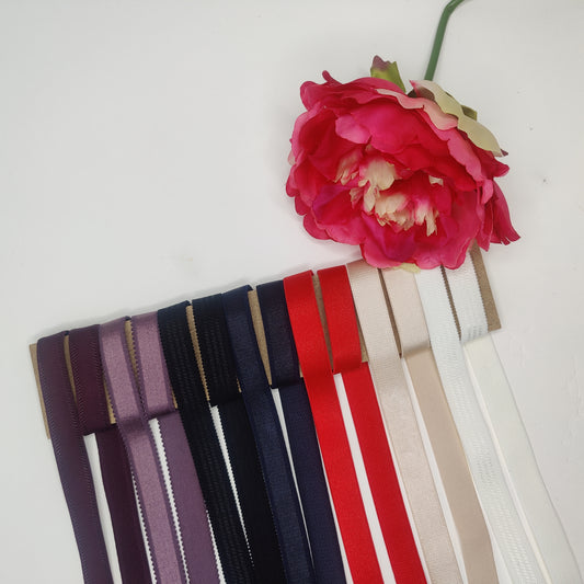 18 mm BH-Trägerband, Trägergummi, Schulterband. Farben: pflaume, krokus, schwarz, d.blau, rot beige, off-white. IDtrx20