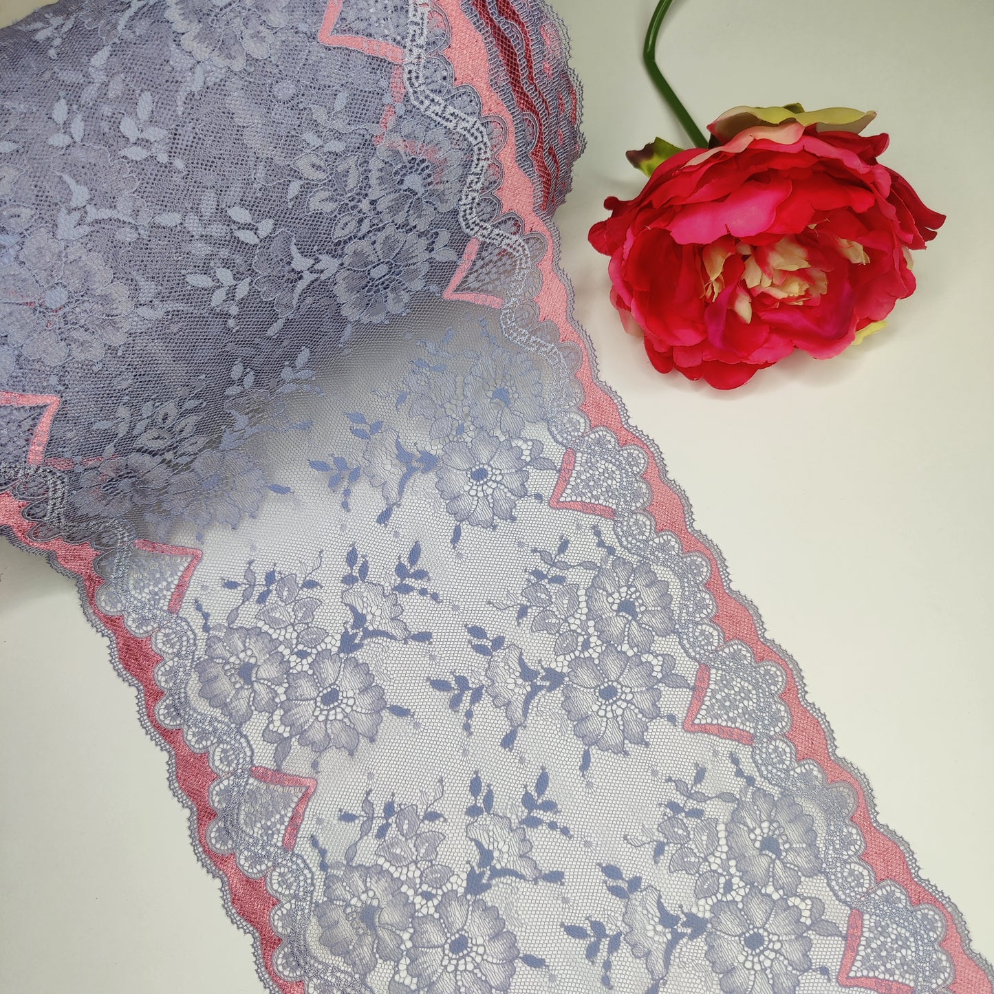 Large élastique <tc>Dentelle</tc> mauve et flamant rose. Prix ​​au 1/2 mètre IDsx4