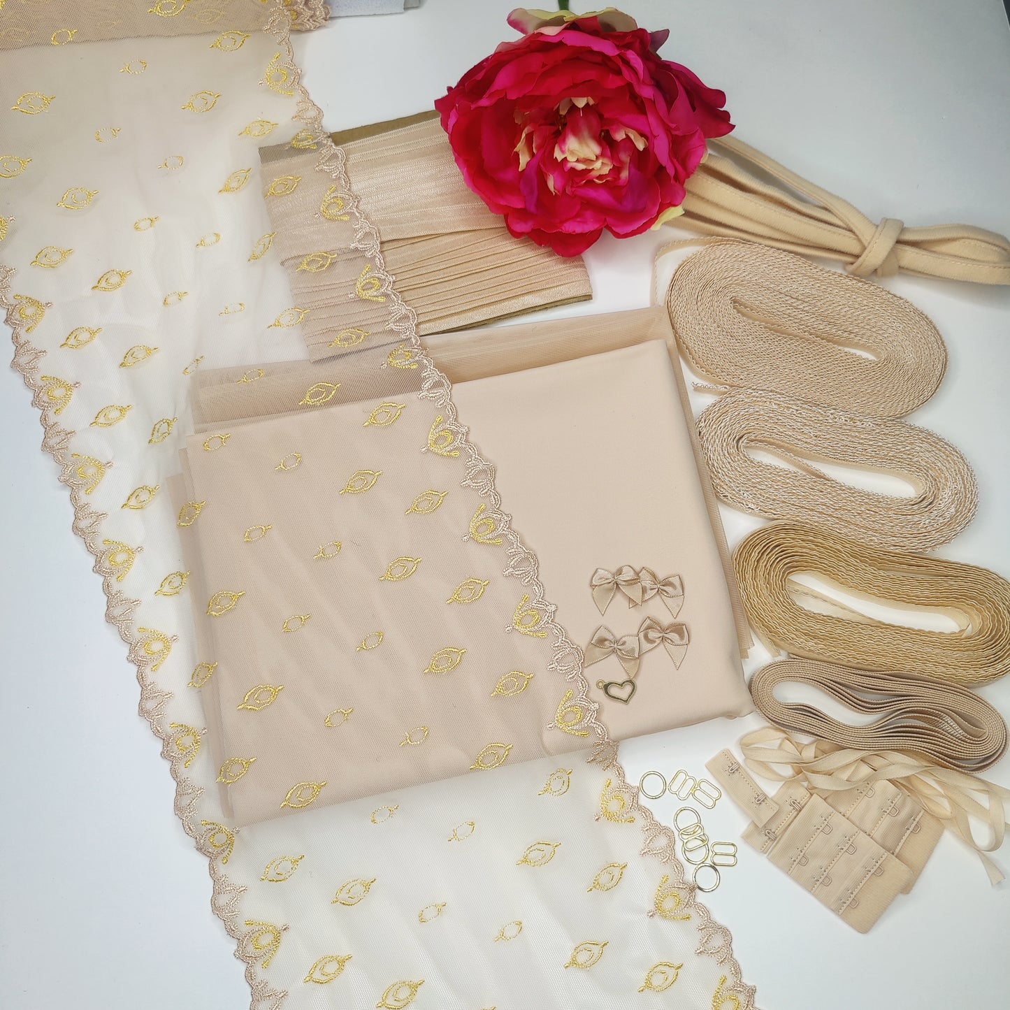 Last one: Large sewing set for 2x bras and panties or sewing package with <tc>lace</tc>, microfiber and Powernet in beige. IDnsx1