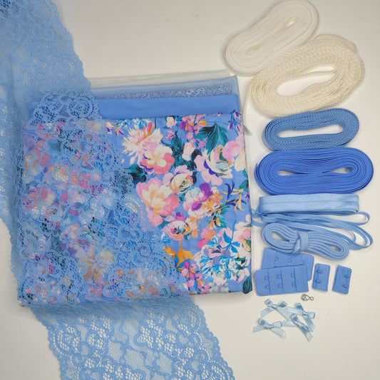 Large sewing set for 2x bras and panties or sewing package with <tc>lace</tc>, microfiber with floral print and Powernet blue. v2. IDnsx1