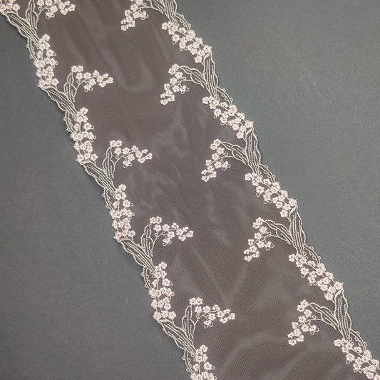 1 m elastic embroidery lace border on fine tulle. Coffee and blush pink. IDsx4