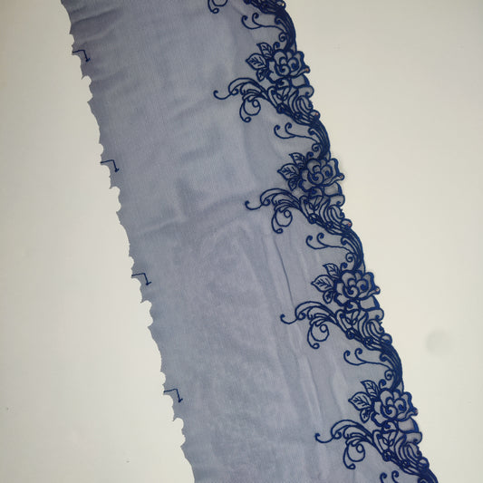 1 m wide elastic embroidery lace border with rhinestone trim on fine tulle in dark blue. Left and right. IDsx4