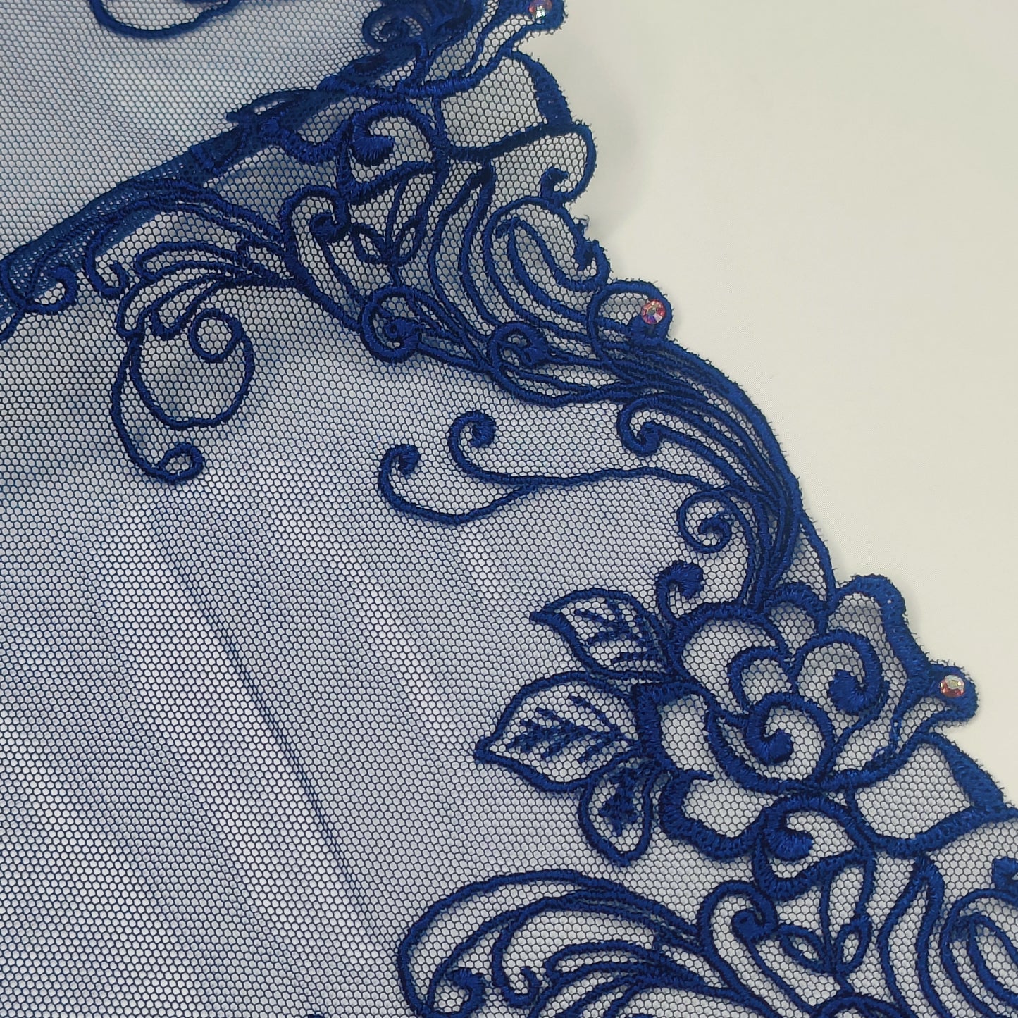 1 m wide elastic embroidery lace border with rhinestone trim on fine tulle in dark blue. Left and right. IDsx4