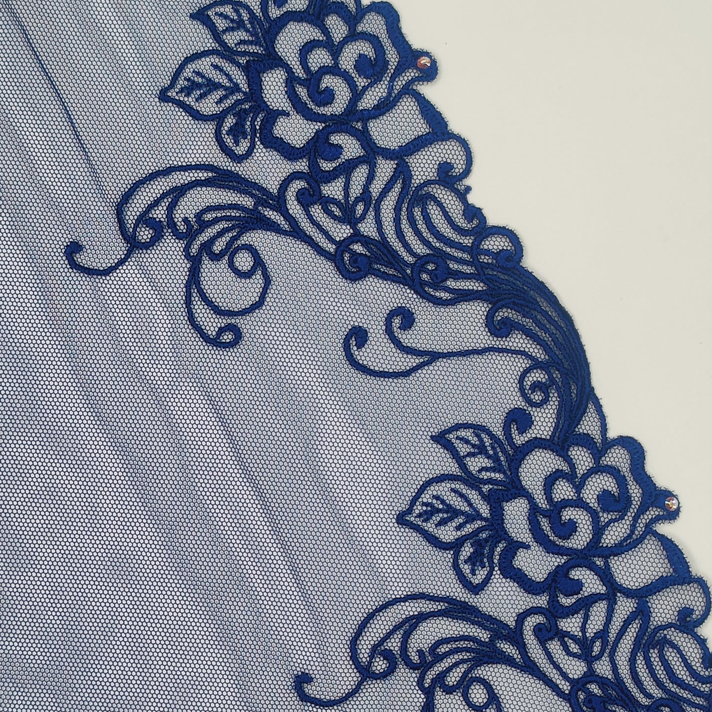 1 m wide elastic embroidery lace border with rhinestone trim on fine tulle in dark blue. Left and right. IDsx4