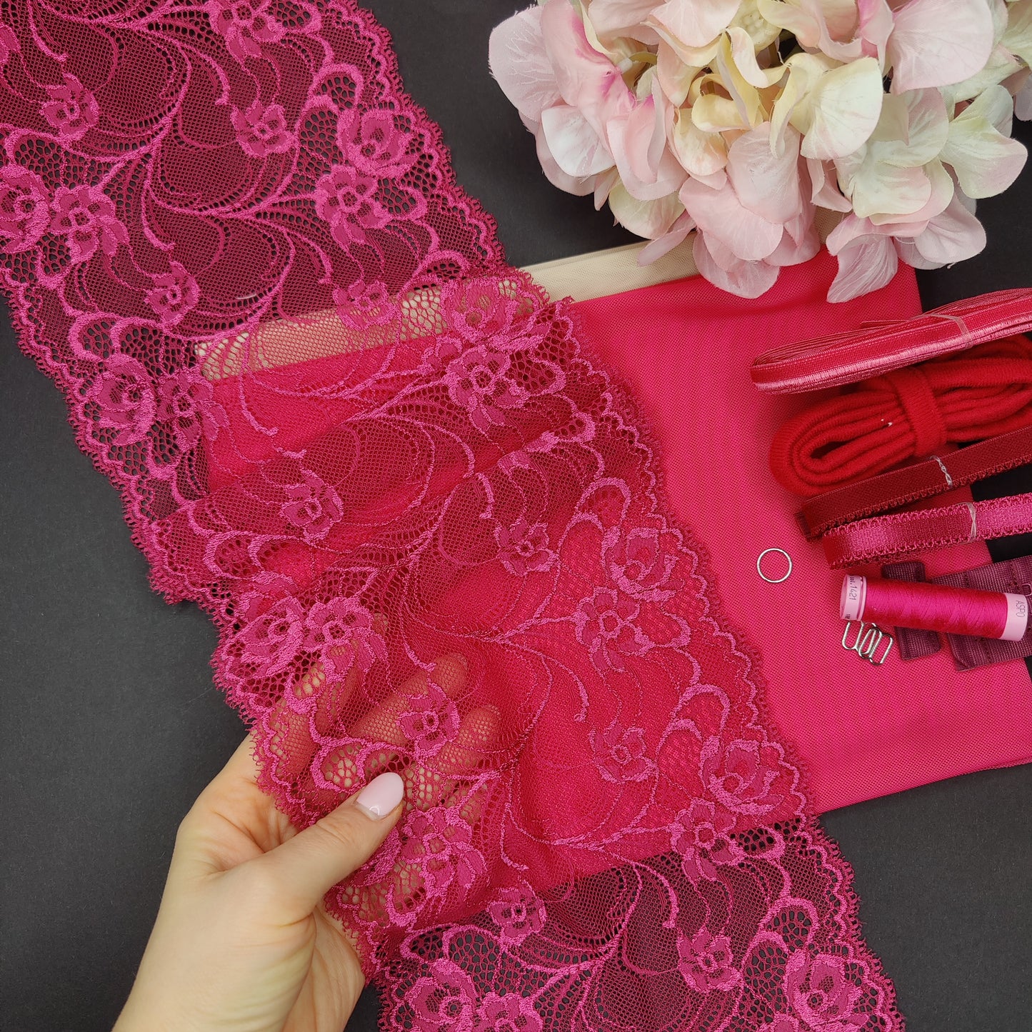 Bra + panties DIY sewing set / creative sewing package with <tc>lace</tc> and microfiber. Magenta pink. IDnsx1