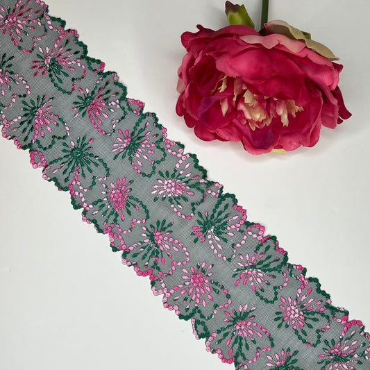 narrow elastic<tc>lace</tc> in pine green and pink, price per 1/2 meter IDsx4