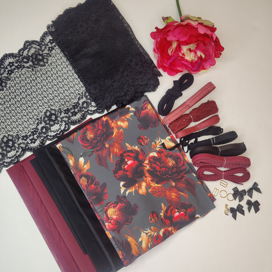 Easter Special 15% discount until April 4th. Lingerie sewing kit for bra and panties/creative sewing package with lace, microfiber, powernet, pull-in fabric. Black Bordeaux IDnsx1