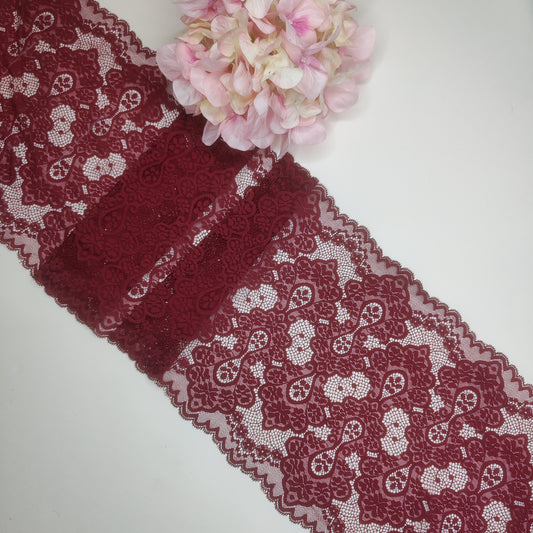 Breite, elastische Spitze in bordeaux. Preis per 1/2 Meter IDsx4