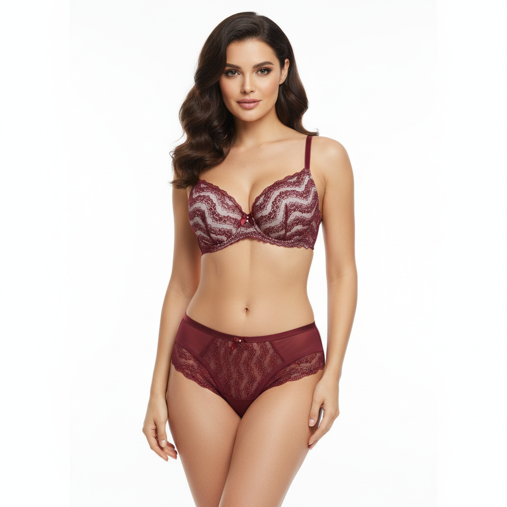 Breite, elastische Spitze in Bordeaux mit einem Hauch von Glitzer. Preis per 1/2 Meter IDsx4