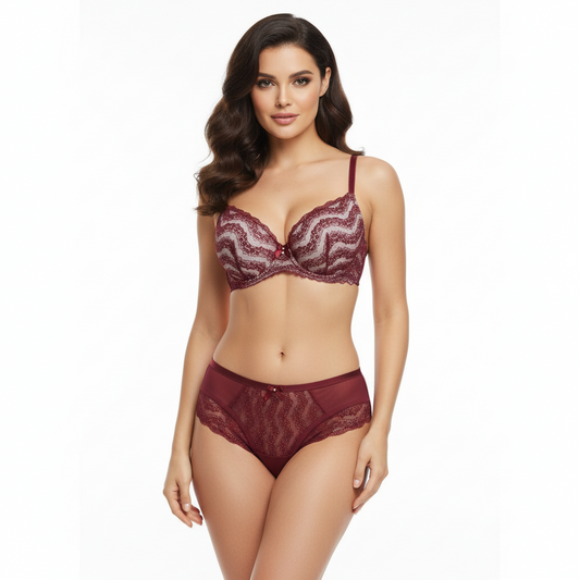 Breite, elastische Spitze in Bordeaux mit einem Hauch von Glitzer. Preis per 1/2 Meter IDsx4