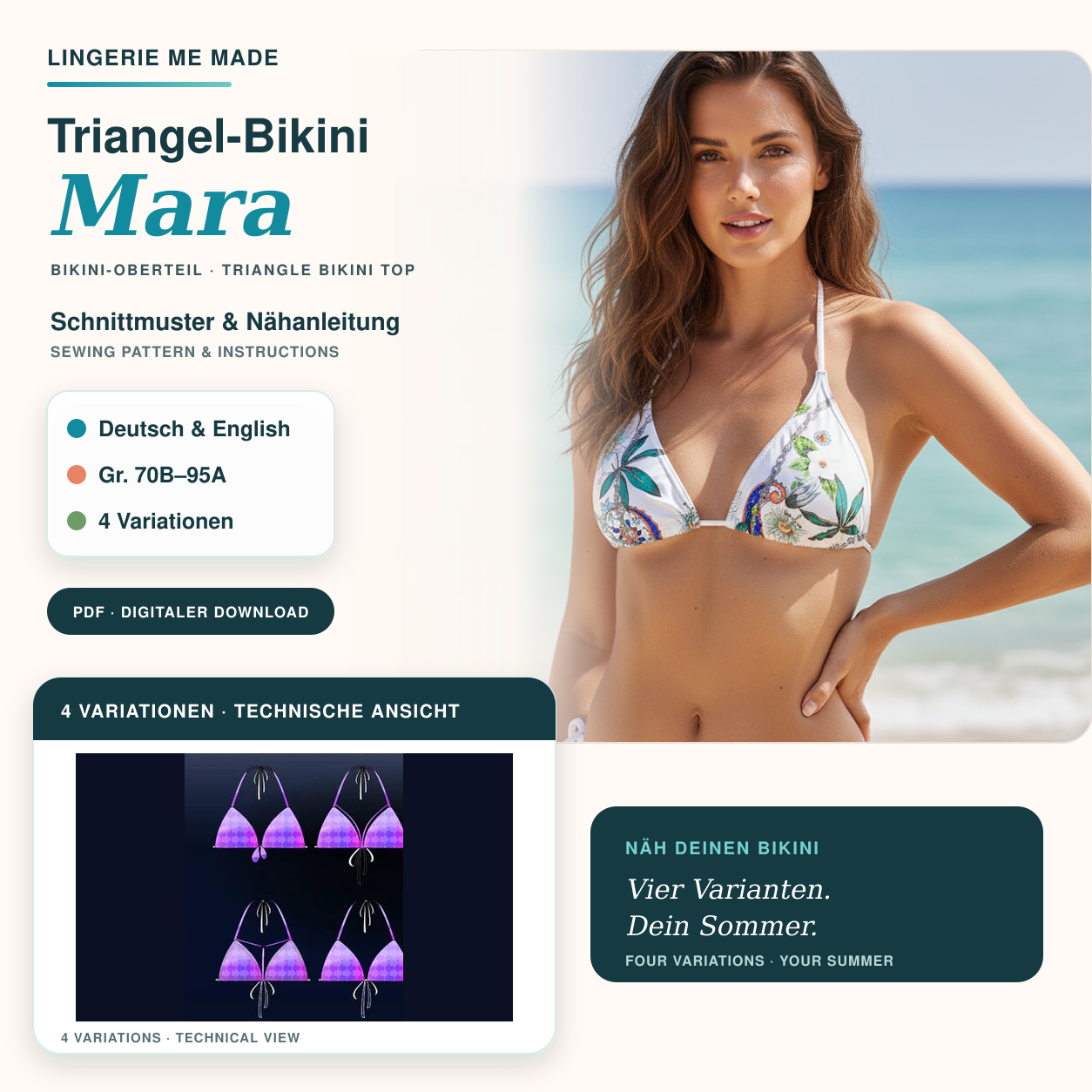 Top de bikini triangular Mara | Patrón PDF en alemán e inglés | 4 variaciones | Tallas 70B–95A
