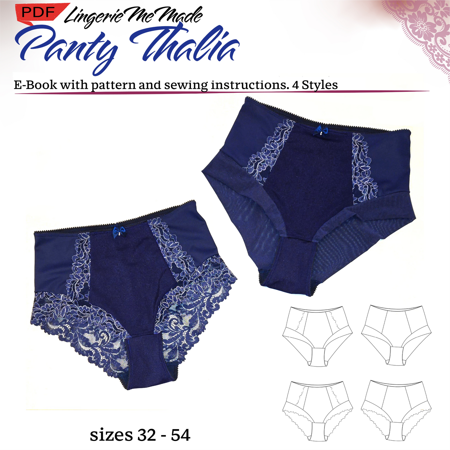 Schnittmuster von Lingeriememade Slip Panty Thalia Gr. 32 - 54.  PDF E-Book Slip / Damenhöschen, Taillenslip Nähen in 4 Varianten.