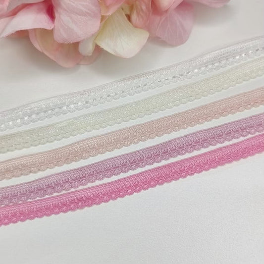 9mm Zierlitze/Wäschegummi in weiß, creme, Blush pink, grenadine, schwarz/Picot elastic, panty elastic in white, lavender, black IDelx19