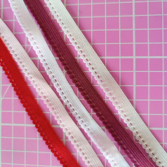 8 mm decorative braid/laundry elastic, picot elastic, panty elastic in white, off-white, pink, red, berry IDelx19
