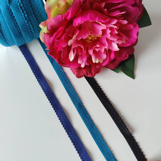 8 mm Zierlitze mit Bogenkante/Wäschegummi, Picot elastic, panty elastic in schwarz, blau, petrol IDelx19