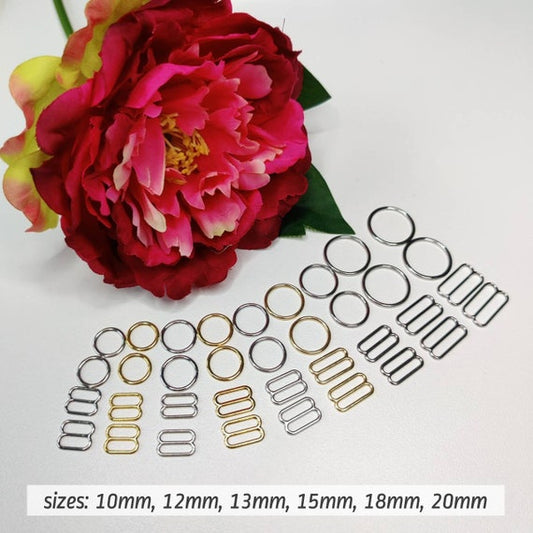 5x sets Ringe und Schieber für 10mm, 12mm, 13mm, 15mm, 18mm und 20 mm Trägerband, Schulterband, Trägergummi Metall, silber gold.  IDrsx18