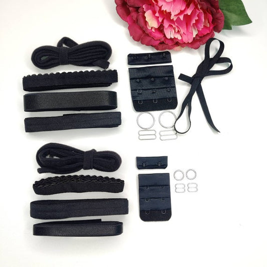 Haberdashery sewing set bra with underwire band, strap band, underbust band and folded elastic, bra closure, rings and sliders in black IDbhkwx7