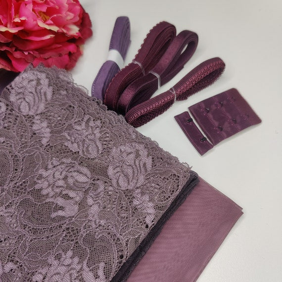 Bra + panties DIY sewing set / sewing package with <tc>lace</tc> and microfiber aubergine IDnsx1